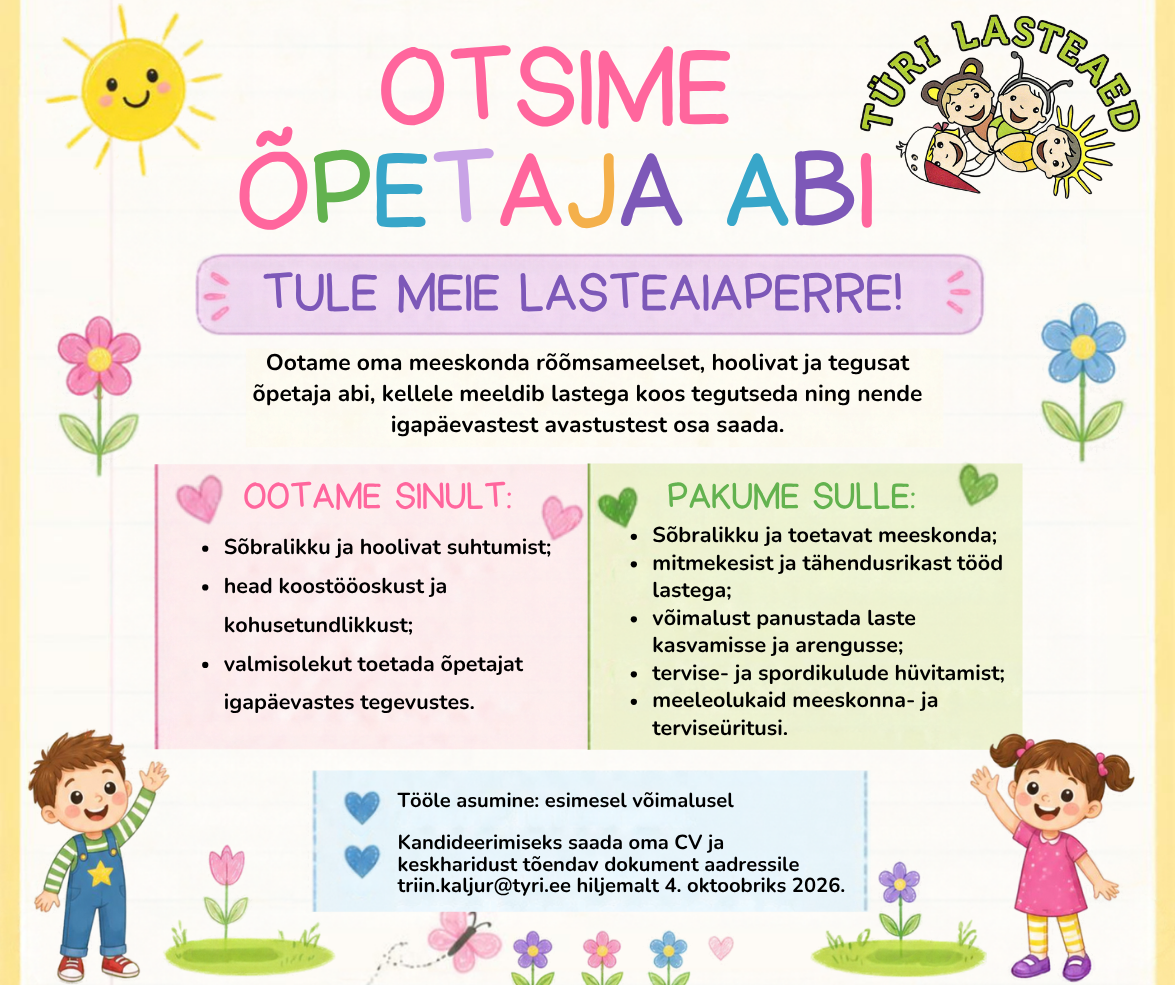 Türi lasteaia värbamisplakat Facebooki postitus